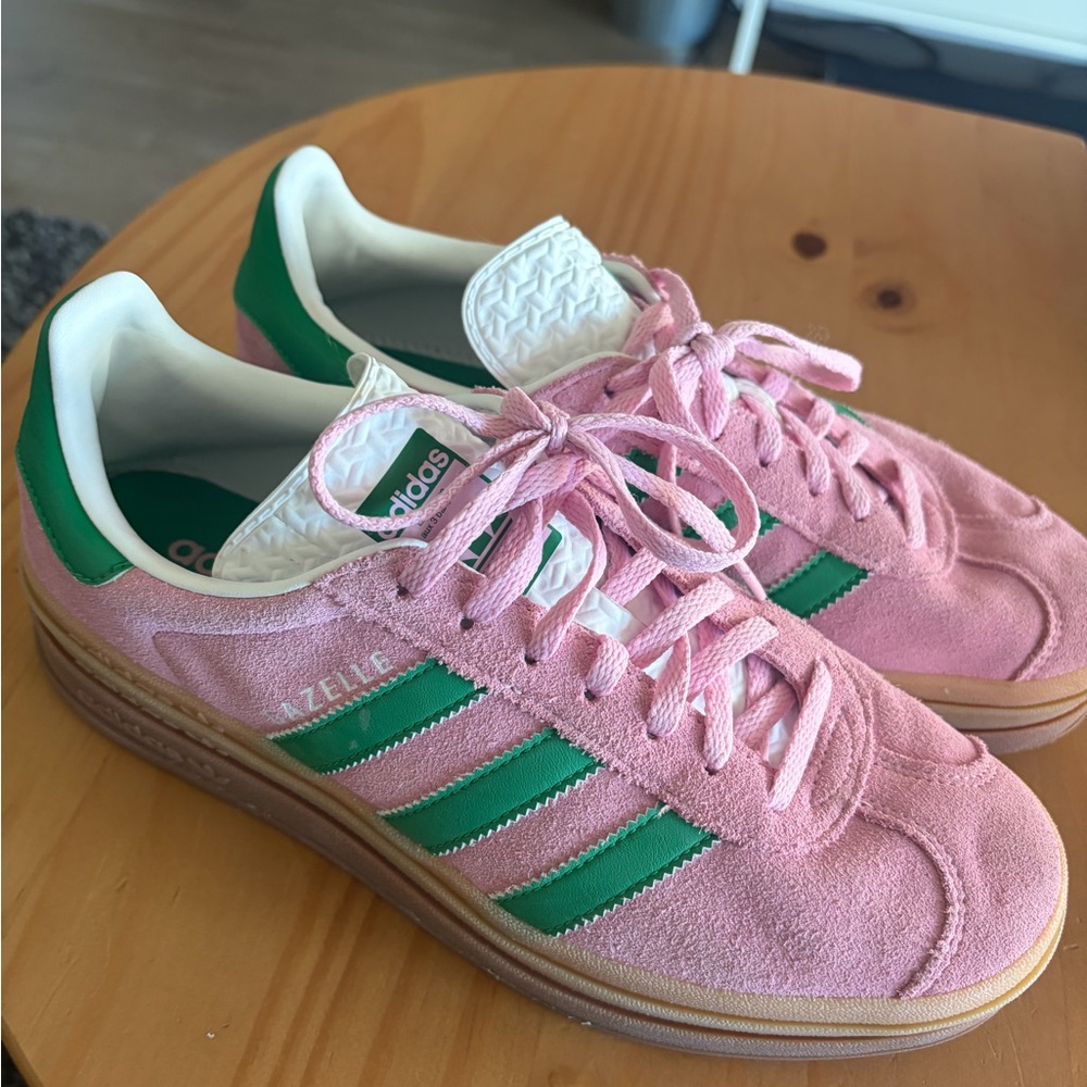 adidas Women's Pink Suede Sneakers with Green Stripes